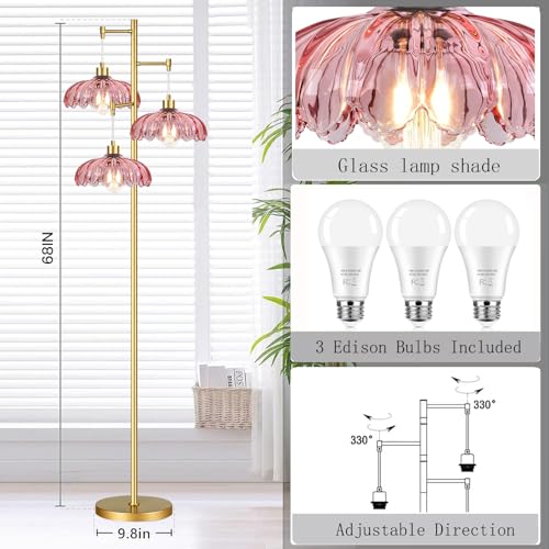 Image of QIYIZM Pink Floor Lamp for Living Room,Bedroom,Gold Mid Century Modern Standing Lamp Brass Tree 3 Light Tall Floor Lamps Vintage Retro Floor Lights Glass Flower Lamp Shade Farmhouse Boho Bohemian