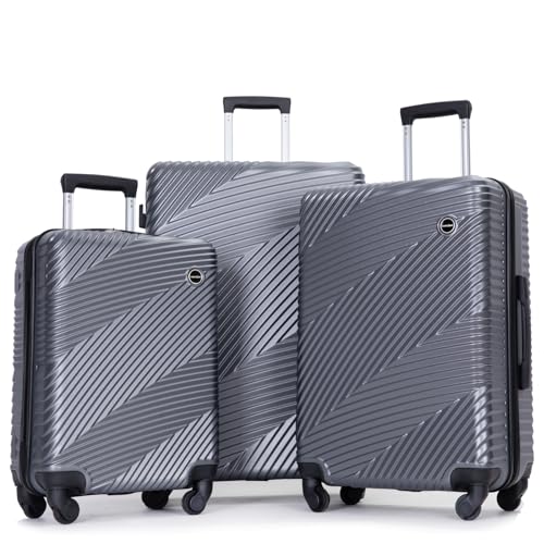 3 Piece Luggage Sets PC+ABS Lightweight Suitcase with Spinner Wheels and Telescoping Handles, Expandable Spinner Wheel Luggage with Two Hooks (20/24/28) (Gray-035)