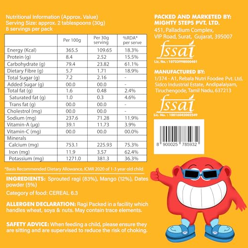Image of Bebe Burp No Added Sugar Instant Cereal | Sprouted Ragi with Mango | No Preservatives No Salt | Lightly Sweetened with Date Powder | Made with Ragi, 200g
