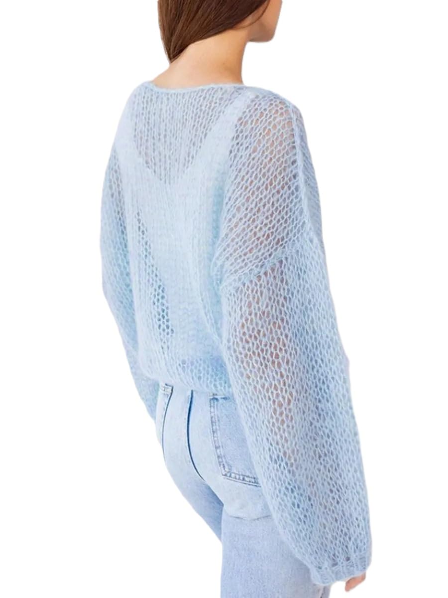 Melliflo Womens Oversized Mohair Sweater Jumper Boat Neck Lightweight Sheer Knit Top Pullover Fuzzy Hollow Out Sweaters