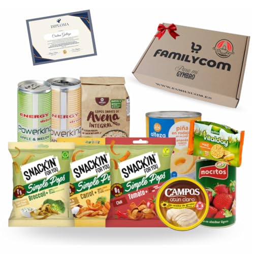 FAMILYCOM Caja Gourmet Fit para Regalar - Cesta de Snacks saludables para Deportistas - Avena, Verdura deshidratada, Fruta,bebida energética - Regalo Original para Amigos, Novios o Amigas fit.