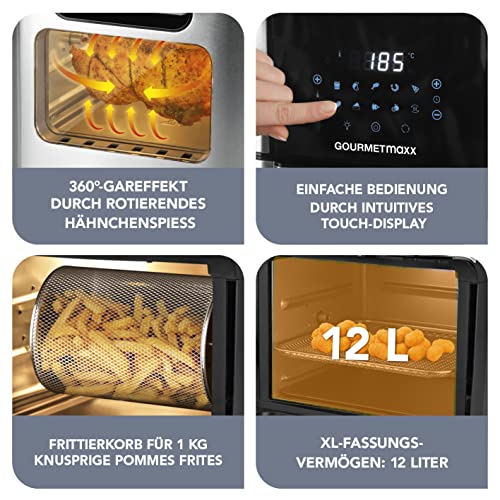 GOURMETmaxx Digitale Heißluftfritteuse 12 L, XXL-Edelstahl-Ofen | Airfryer + Timer, Touchdisplay, Drehspieß | fettarm, energiesparend frittieren | 10 Programme inkl. Pizza | 1800 W – Bild 4