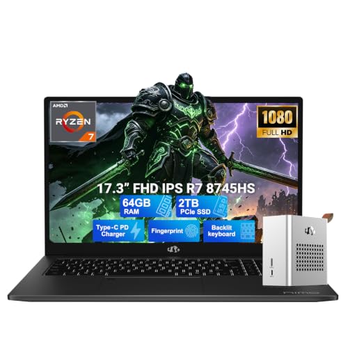 Image of NIMO 17.3 inch Light-Gaming-Laptop, AMD Ryzen 7 8745HS 64GB DDR5 2TB SSD Radeon 780M, Fingerprint FHD PC w /eGPU Dock with RX 7600M XT 8GB GDDR6 for Video Editing, AI Tasks, Remote Streaming, 2-Yr Warranty