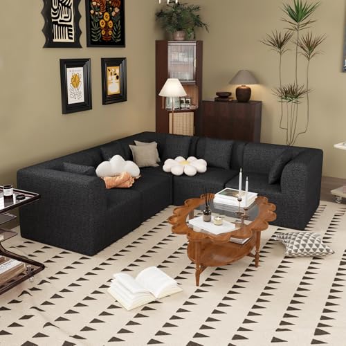 5 Seat Modern V Shaped Modular Cloud Couch - Convertible Sectional Sofa with Bonus Soft Pillows, Cloud Modular Sectional Sofa, Interiors Black V Shape