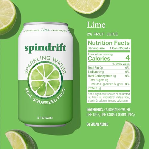 Image of Spindrift Sparkling Water, Lime Flavored, Made with Real Squeezed Fruit, 12 Fl Oz Cans, Pack of 24 (Only 4 Calories per Can)