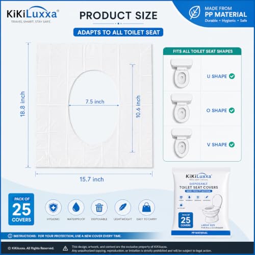 Image of KiKiluxxa Disposable Toilet Seat Covers for Travel, Pack of 25, Individually Wrapped, Waterproof PP Material, Hygienic Portable Toilet Seat Covers for Women, Kids & Adults, Travel Essentials (PP25)