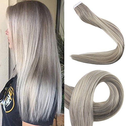 【Promotion】Fshine 18" Balayage Tape In Hair Extension Remy Hair Color #19 Fading To #60 Platinum Blonde Highlight #19 20pcs 50g Ash Blonde Tape Extension