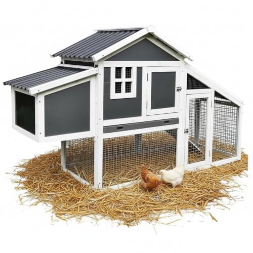 Melko Poulailler XXL avec Toit en Panneaux Ondulés pour Poules Heureuses et en Bonne Santé, Blanc/Gris, L 176 x l 41 x H 102 cm, Nettoyage Facile, Résistant...