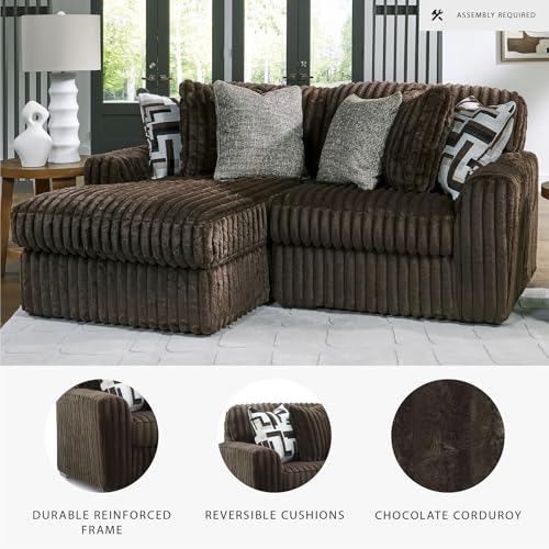 Image of Signature Design by Ashley 2-Piece Sectional Sofa with Chaise, Brown | 100% polyester jumbo corduroy, Compact L shaped layout, Engineered wood frame, Includes 6 pillows, Midnight-Madness