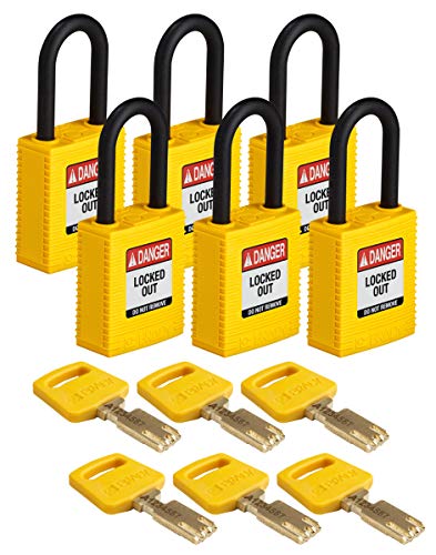 Brady SafeKey Lockout Padlock - Nylon - Yellow - 1.5" Plastic Shackle Vertical Clearance - Keyed Different (Pack of 6)