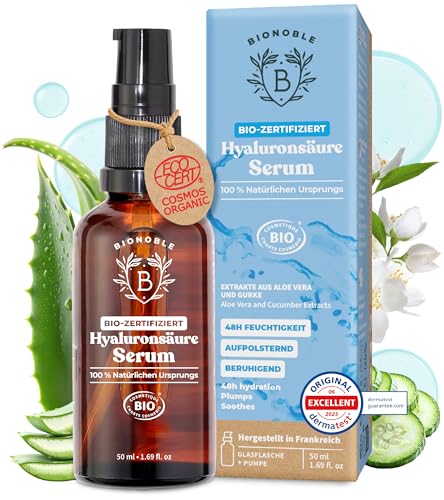 BIONOBLE Hyaluron Serum hochdosiert BIO-zertifiziert - Anti Aging & Anti Falten - 100% natürlichen Ursprungs mit Aloe Vera - Glasflasche mit Pumpe - Hyaluronic Acid Serum Gesicht - 50 ml