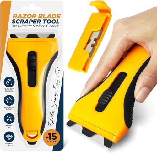 Lindas Essentials Glass Scraper Tool With 15 Extra Blades - Oven Tool Non Scratch Razor Blade For Windows Paint Ceramic Hob Scraper for Cleaning Kitchen Cleaner