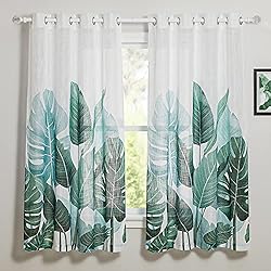 Cortinas Estampadas Dormitorio PONY DANCE - Cortina de Gasa de Lino Estampada con Hojas de Plátano Cortinas Salón y Dormitorio Plantas Verdes, A 132 x L 160 cm, 2 Piezas