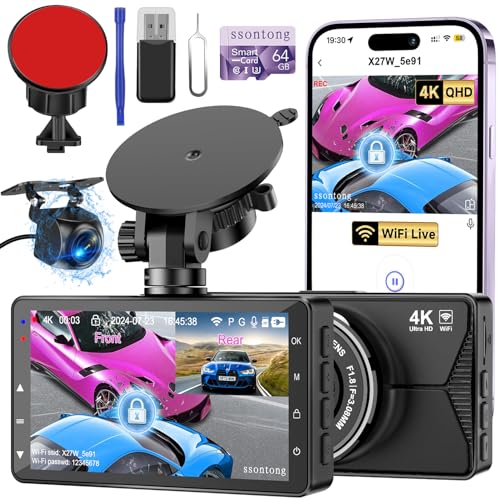 Dash Cam Front and Rear, 4K Dash Cam WiFi/APP Control Dashcam W/ 64GB Card Car Camera Dash Cams DVR...