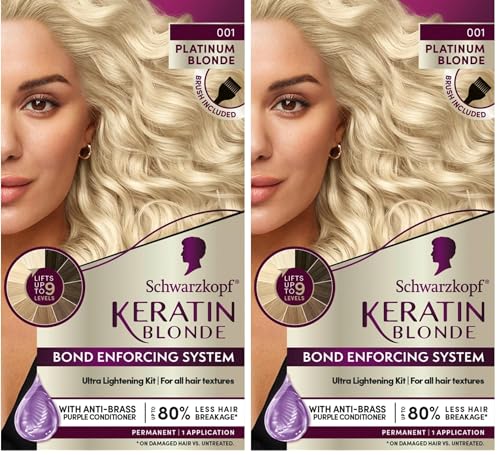 Schwarzkopf Keratin Blonde Hair Dye Platinum Blonde 001, Ultra Lightening Kit, 1 Application - Hair Bleach Enriched with Keratin, Lightens up to 9 Levels and Protects Hair from Breakage (Pack of 2)