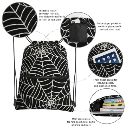 Image of Black Spider Web Halloween Drawstring Backpack, Gothic Black White Drawstring Bag, Waterproof Durable String Sackpack, Large Capacity Cinch Sackpack for Yoga Sport Beach Gym Shopping