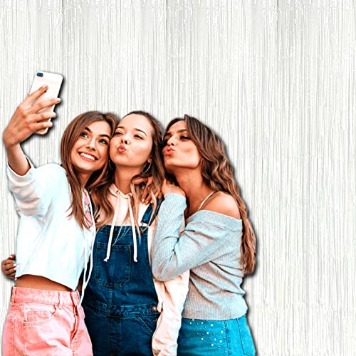 Image of 4 Pack Macaron White Foil Fringe Curtain Backdrop, 3.28Ft x 8.2Ft Foil Fringe Streamers Curtains for Party, Photo Booth Props, Birthday, 2022 Graduation Decor Supplies, One Size