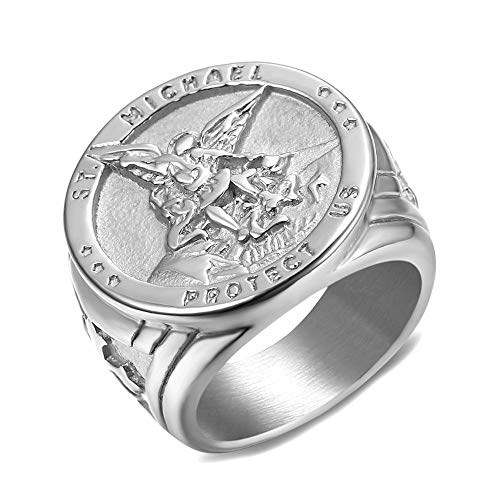 BOBIJOO JEWELRY - El Anillo de sellar el Hombre de San Miguel Arcángel de Protección de Acero 316L de Plata - 31 (14 US), Acero Inoxidable 316
