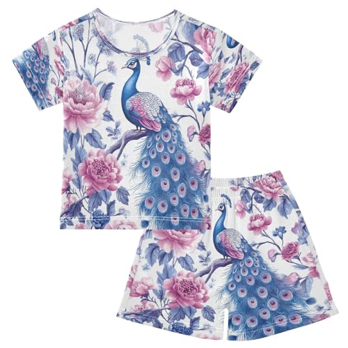 Pajama Sets Short Sleeve Peacock Among Pink Flowers Soft Cotton Summer Sleepwear 2 Piece PJS Size 5-14T