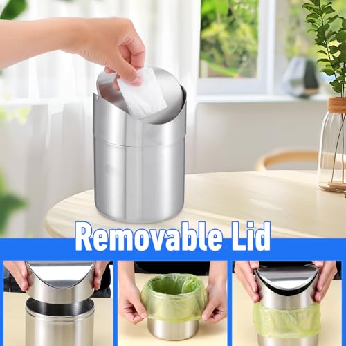 Image of MAQUITA 2 Pcs Desk Trash Can with Swing Lids, 2L Brushed Stainless Steel Countertop Garbage Bin Small Wastebasket with Lid for Office Desk, Coffee Table