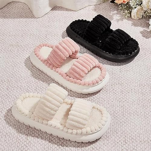 Women's Minimalist Stripe Design Fuzzy Bedroom Slippers, Warm Fluffy Open Toe Slippers for Women, Double Strap Plush Slippers2