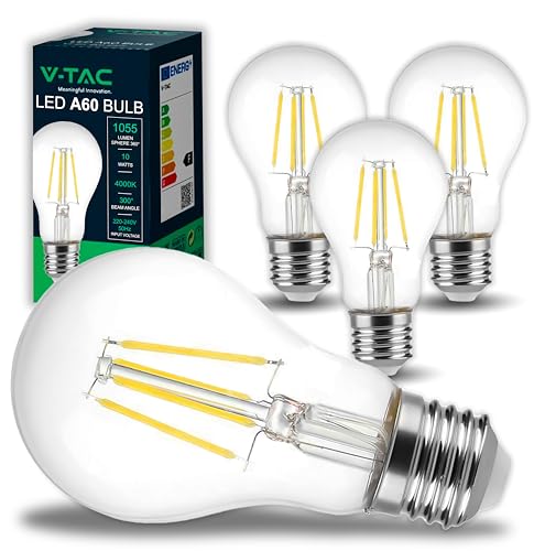 V-TAC 4x Lampadina LED a Filamento con Attacco E27 10W (Equivalenti a 75W) A60-1055 Lumen - 4 Lampadine LED Massima Efficienza e Risparmio Energetico - 4000K Luce Bianca Naturale