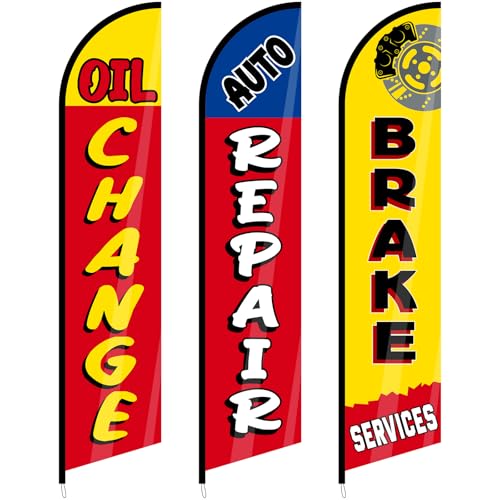 Hahafelt 3 Pack Auto Repair Shop Oil Change Feather Flag Sets, 8.2 x 2.1 ft Large Brake Services Advertising Windless Flag for Business Mechanics Automotive Car Repair Shops