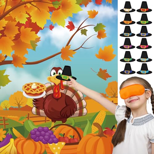 CheerChamp Pin The Hat on Turkey Game - Thanksgiving Party Games Activities for Kids Fall Festival Birthday Family Party Games Thanksgiving Party Favors Supplies for Kids
