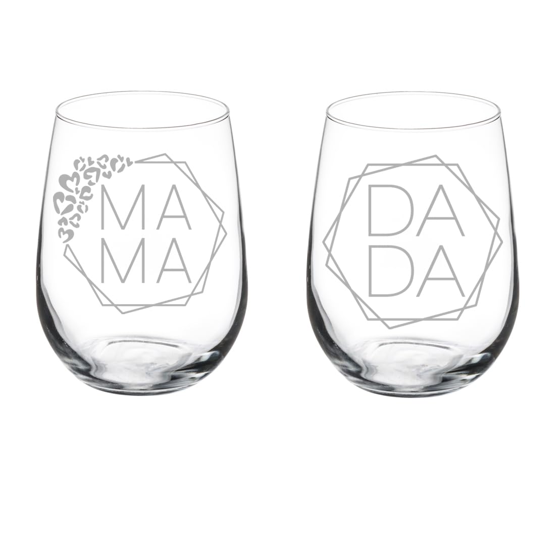 Set of 2 Wine Glass Gift Mama Dada New Mom and Dad New Parents Pregnancy Announcement Baby Shower Couple (17 oz Stemless)