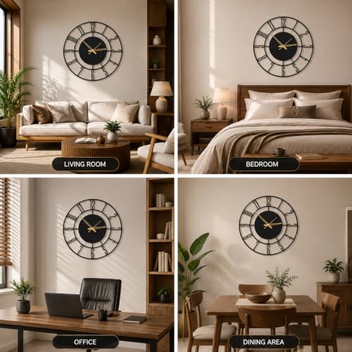 Image of 40 cm Metal Wall Clock, Black, Silent Non-Ticking | Silent Non-Ticking, Skeleton Design, Modern Iron Analog, Design-2