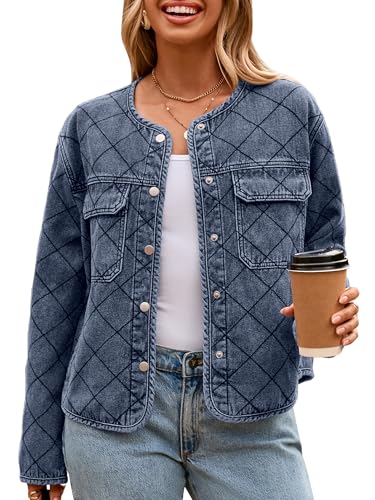 Glamaker Jean Jacket Women Denim - Long Sleeve Button Down Diamond Quilted Lightweight Jackets Fall Winter Shacket Coats Grey Blue L
