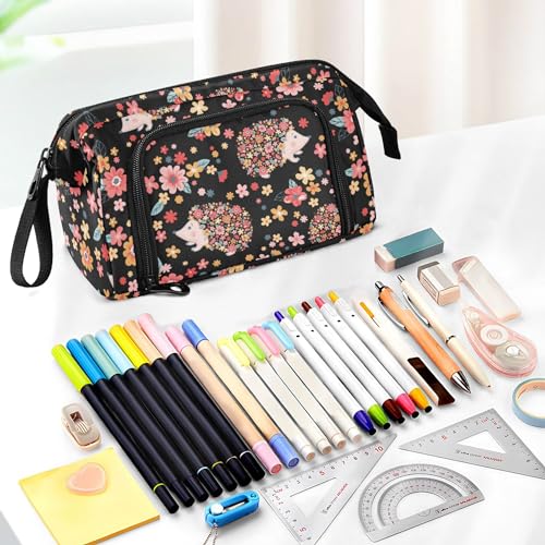 Image of Fisyme Flowers Hedgehogs Pencil Case Large Capacity Pencil Pouch Pen Bag Box Big Makeup Pencil Case Organizer