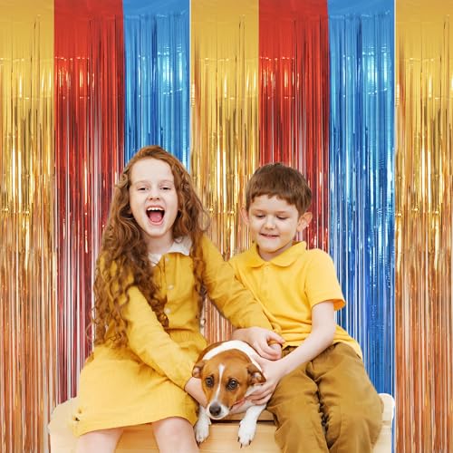 Image of Gold Red Blue Party Backdrop - GREATRIL Tinsel Fringe Curtain for Paw Birthdays Decorations 2 Packs