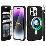 Picture of VANAVAGY Compatible for iPhone 14 Pro Wallet Case for Magsafe Wireless Charging, PU Leather Flip Folio Phone Cover with Wrist Strap RFID Blocking Card Holder Screen Protector,Black