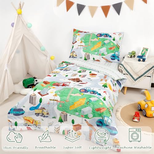 Image of 4 Piece Toddler Bedding Set, Ultra Soft and Breathable Toddler Comforter Sets for Boys Includes Quilted Comforter, Fitted Sheet, Flat Sheet and Pillowcase, Vehicles