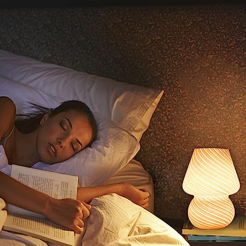 Mushroom Lamp,Glass Mushroom Bedside Table Lamps Purple Translucent Murano Vintage Style Striped Small Nightstand Desklamp Swirl Light For Home Decor, Dining, Living, Bedroom, Gift (Stripe Purple) #TOP4