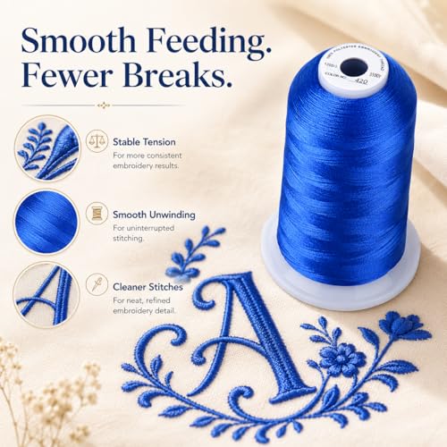 Image of Simthread Embroidery Thread 5500 Yards Electic Blue 420, 40wt 100% Polyester for Brother, Babylock, Janome, Singer, Pfaff, Husqvarna, Bernina Machine | High-yardage 5000M spool offers smooth feeding and stable 40WT polyester thread for home and commercial embroidery machines.