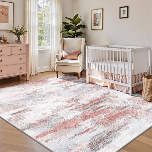 Image of 5x7 Rugs for Living Room - Modern Abstract Washable Rug, Ultra Soft Non Slip Low Pile Large Rugs, Floor Carpet for Bedroom Dining Room Office Laundry Nursery Home（Pink & Grey）
