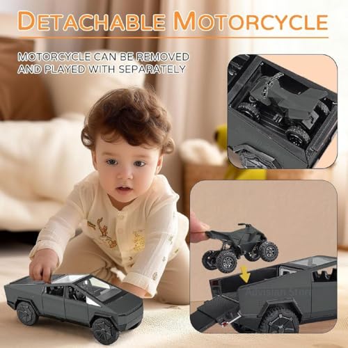 Image of 1:32 Scale Die-Cast Tesla CyberTruck with Pick-Up Trailer with 6 Openable Doors Pull Back Toy Car with Lights & MusicToy Car Gift for Kids (1:32 Cybertruck - Random Color)