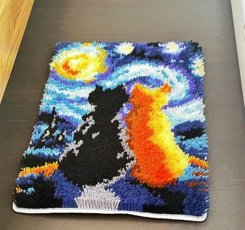 Image of GLAECYY Latch Hook Kits Rug Crochet Yarn Kit Cushion Colour Pre-Printed Canvas Rug Needlework DIY Hook and Latch Kit (Star Cat)