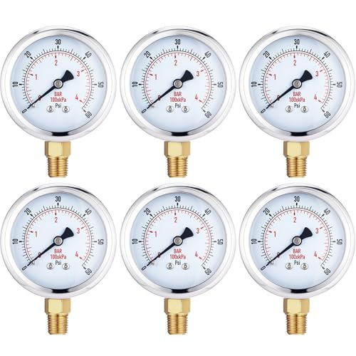 Image of Flutesan 6 Pcs 0-60psi Low Pressure Gauge 2.5 inch Face Dial Size 1 /4 NPT Lower Mount Waterproof Pressure Gauge with Stainless Steel Case for Pool Water Pump Tire Water Oil Air