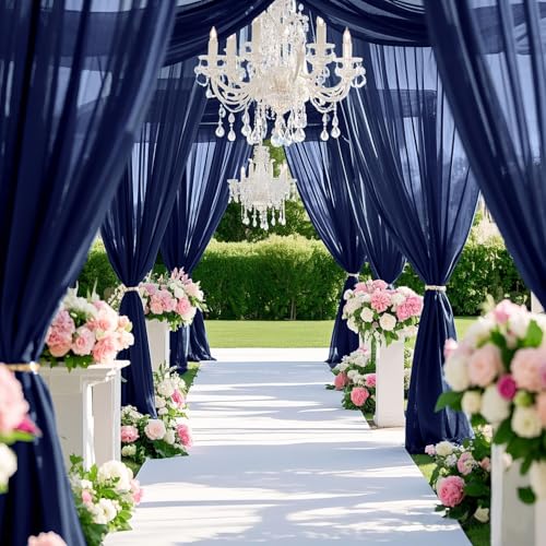 Image of FOTSHARER Wedding Ceiling Drapes Navy Blue Chiffon Drapes for Wedding 2 Panels 5ftx20ft Sheer Ceiling Panels Navy Weddings Arch Drapery Fabric Tulle Backdrop Curtains Drape for Event Hall Decor