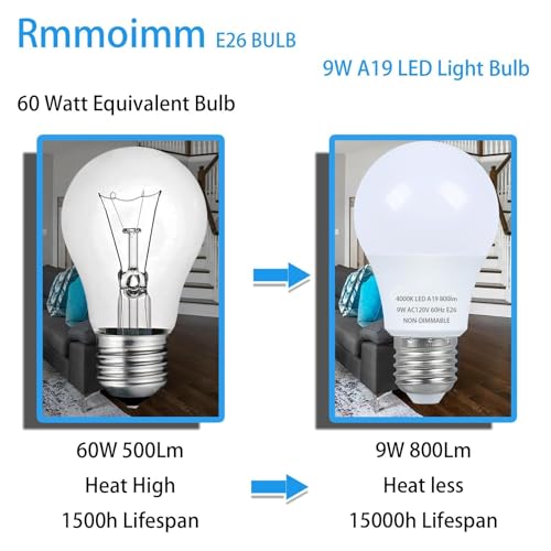 Rmmoimm A19 LED Light Bulbs 9W, 60 Watt Equivalent, E26 Standard Base, 4000K Cool White, 800 Lumens, Energy Saving, Non-Dimmable, 6 Pack - image 3