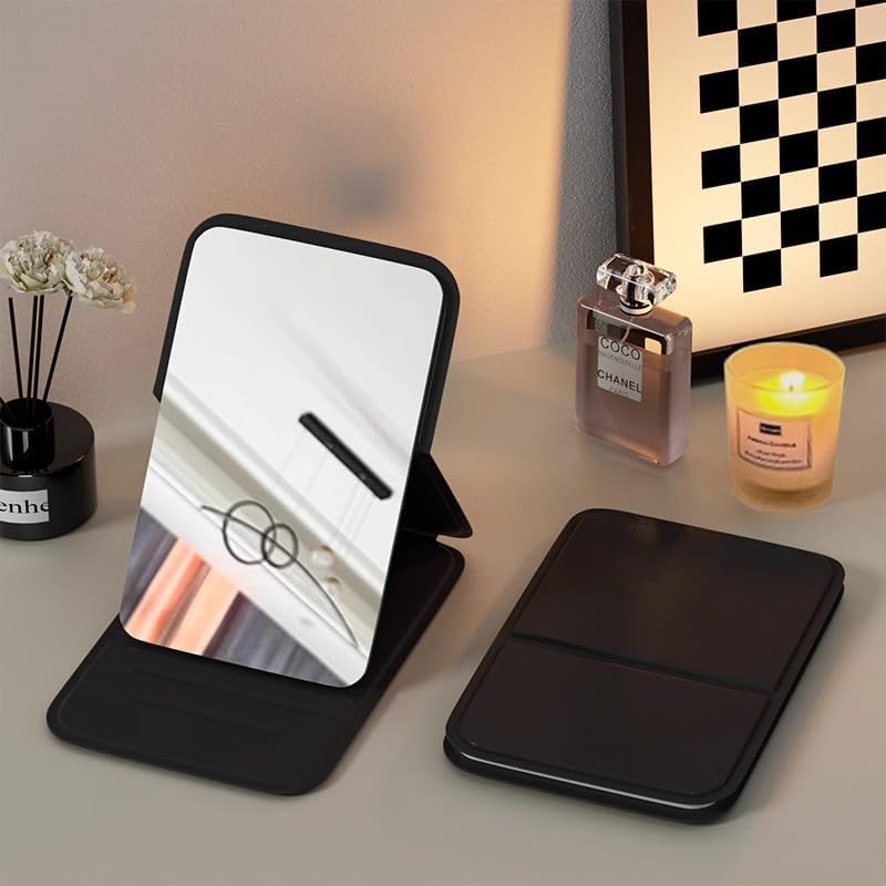 Image of Foldable Travel Mirror, Portable Pocket Makeup Mirror with Stand, Compact Handheld Vanity Mirror for Purse, Desk & Travel Use (7x11cm) (Black)
