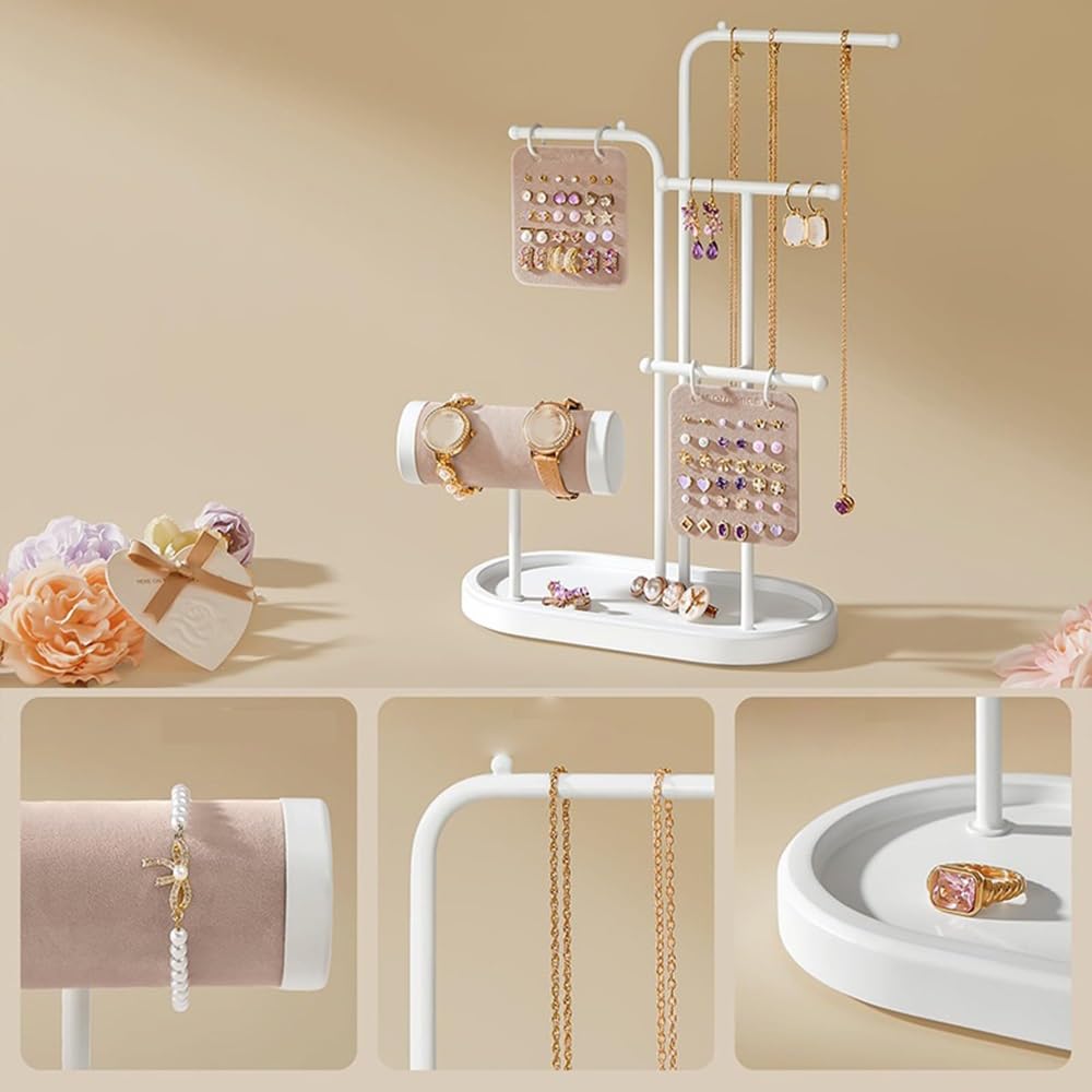 Porte-Bijoux Organisateur de Bijoux Multifonctionnel, Support en Fer for Colliers, Boucles d'oreilles, Montres et Bracelets | Blanc
