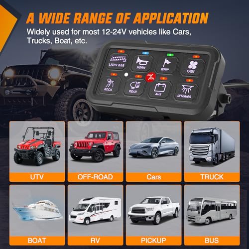 Image of Nilight 8 Gang Switch Panel Relay System w /APP Control Automatic Dimmable | RGB Backlight Panel Circuit Control Fuse Wiring Harness ON Off LED Switches Pod for 12V 24V Cars Trucks Campers SUV