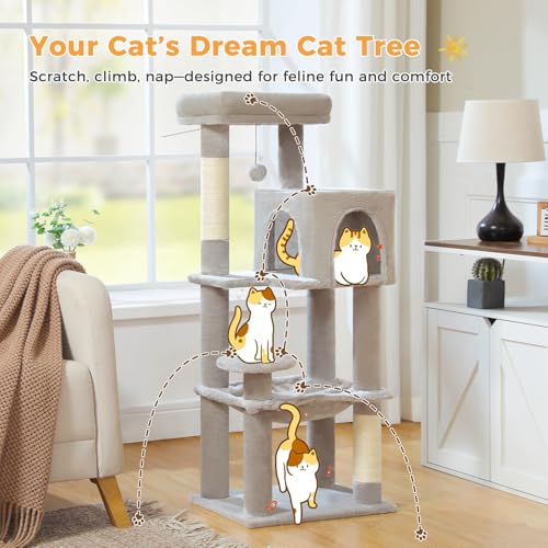 Image of MUTTROS Cat Tree for Indoor Cats, 44.5 inch Multi-Level Cat Tower with Large Metal Frame Hammock, Cat Condo with 2 Scratching Posts and Top Perch for Small to Medium Cats, Grey