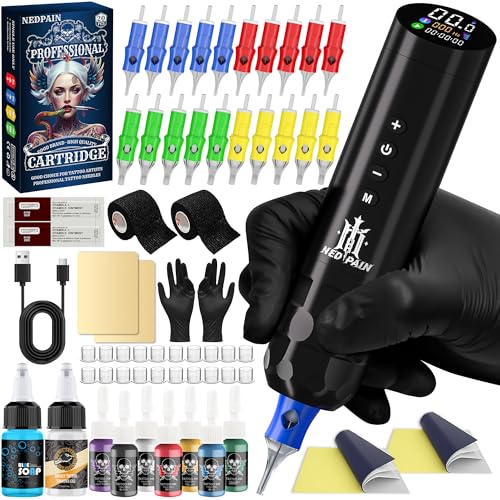 NEDPAIN Tattoo Machine Kit OLED tilted screen Direct drive motor 1500mAh battery Fast charge and memory function 20tattoo needles 7colors ink, blue soap transfer gel of complete kit for tattoo artists