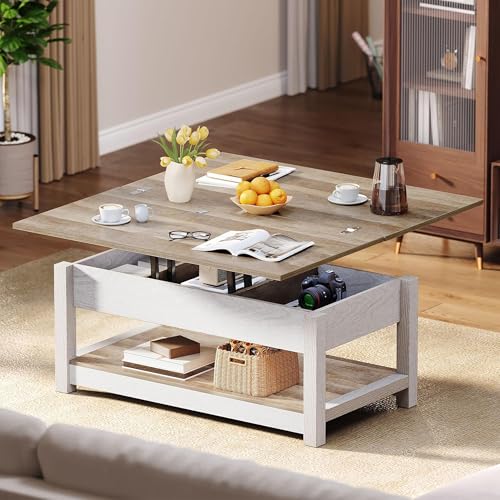 DWVO Lift Top Coffee Tables for Living Room, 3 in 1 Multi-Function Farmhouse Coffee Table with Storage, Wood Coffee Table Center Table with Hidden Compartment, Grey Wash