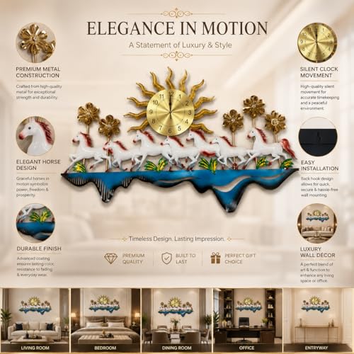 Image of Decorative Metal Running Horse Wall Clock Modern Luxury Wall Art for Living Room Dining Area Office Hotel Interior Design (Size 50x24 Inch)